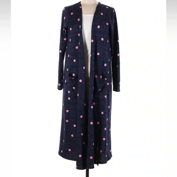 LuLaRoe Sarah Cardigan Sweater Duster Blue Pink Polka Dot Pockets Size Medium M - Picture 1 of 6